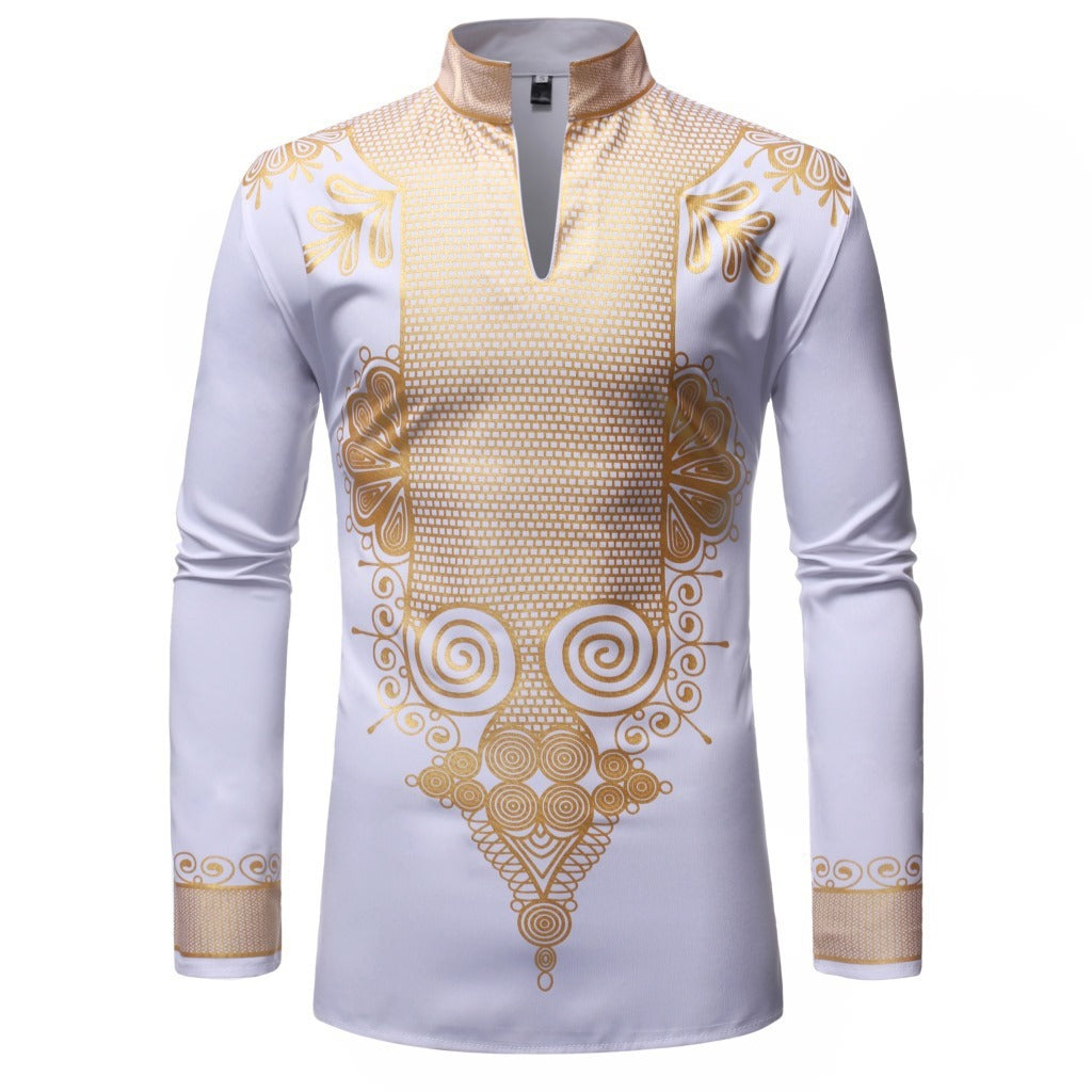African Style Bronzing Stand Collar Long Sleeves - White / S