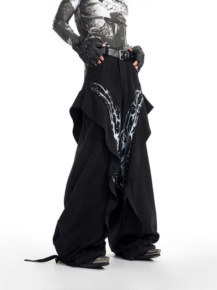 Hand-painted Pattern Draping Trousers Adjustable Suit Pants - Black / L