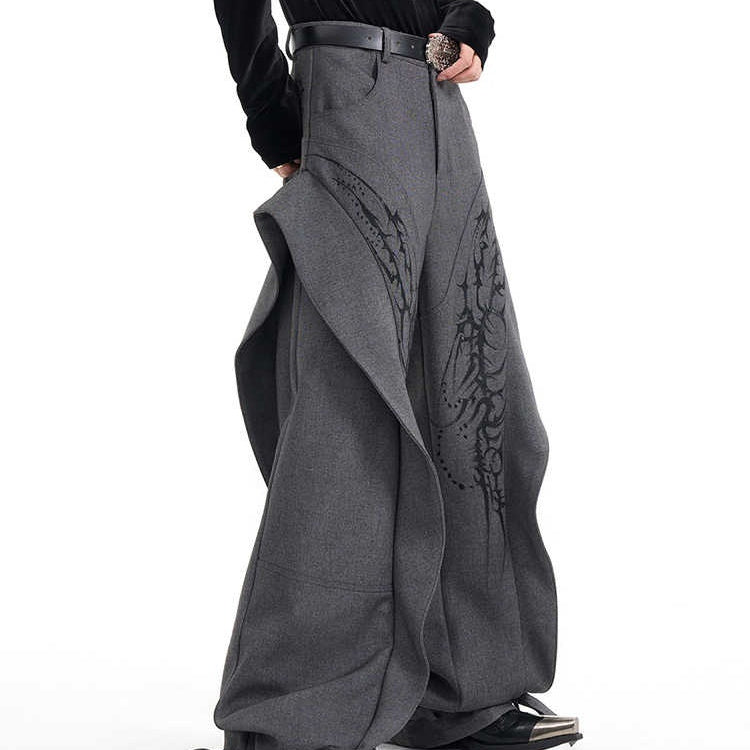 Hand-painted Pattern Draping Trousers Adjustable Suit Pants - Grey / L