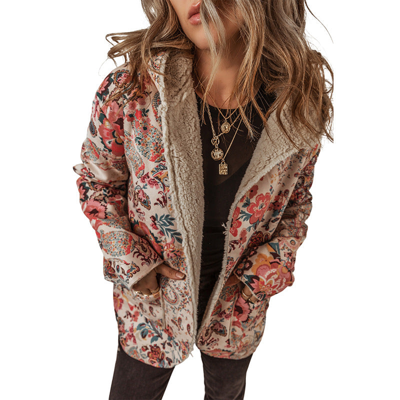 Casual Fleece Printed Long Sleeve Hooded Jacket - Beige / S