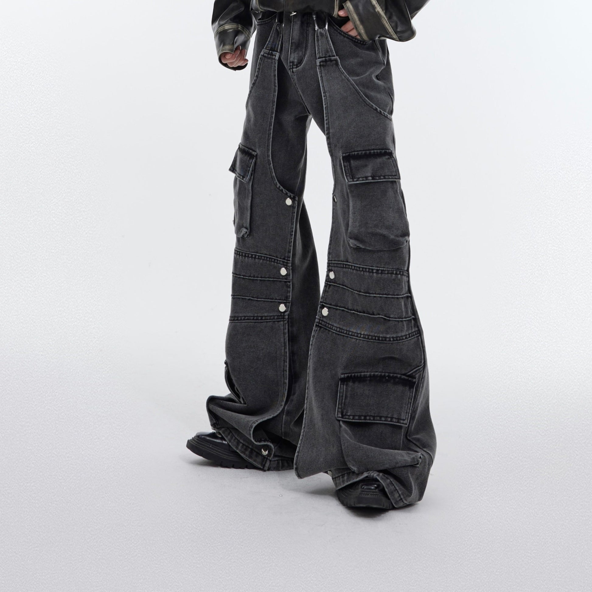 Large Pocket Design Vintage Distressed Loose-fitting Wide-leg Trousers Men - Gray / M