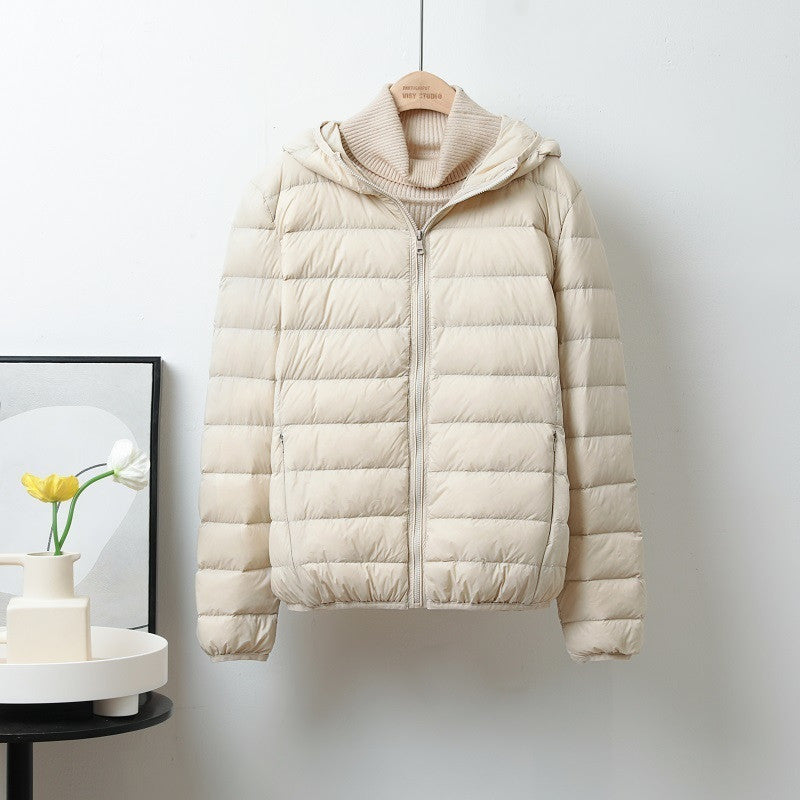 Lightweight Down Jacket Women’s Short Stand Collar Hooded - Beige Hooded / S