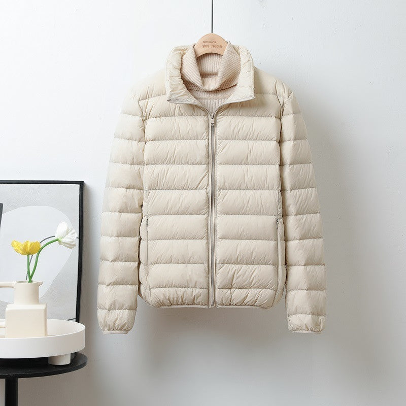 Lightweight Down Jacket Women’s Short Stand Collar Hooded - Beige Stand Collar / S