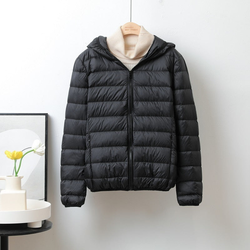 Lightweight Down Jacket Women’s Short Stand Collar Hooded - Black Hooded / S