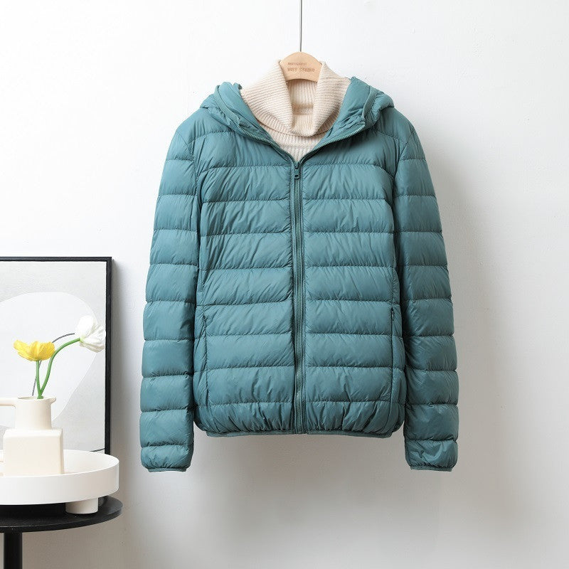 Lightweight Down Jacket Women’s Short Stand Collar Hooded - Gray Green Hooded / S