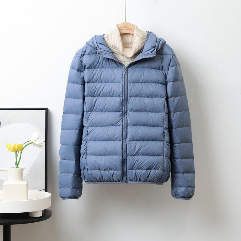 Lightweight Down Jacket Women’s Short Stand Collar Hooded - Haze Blue Hooded / S