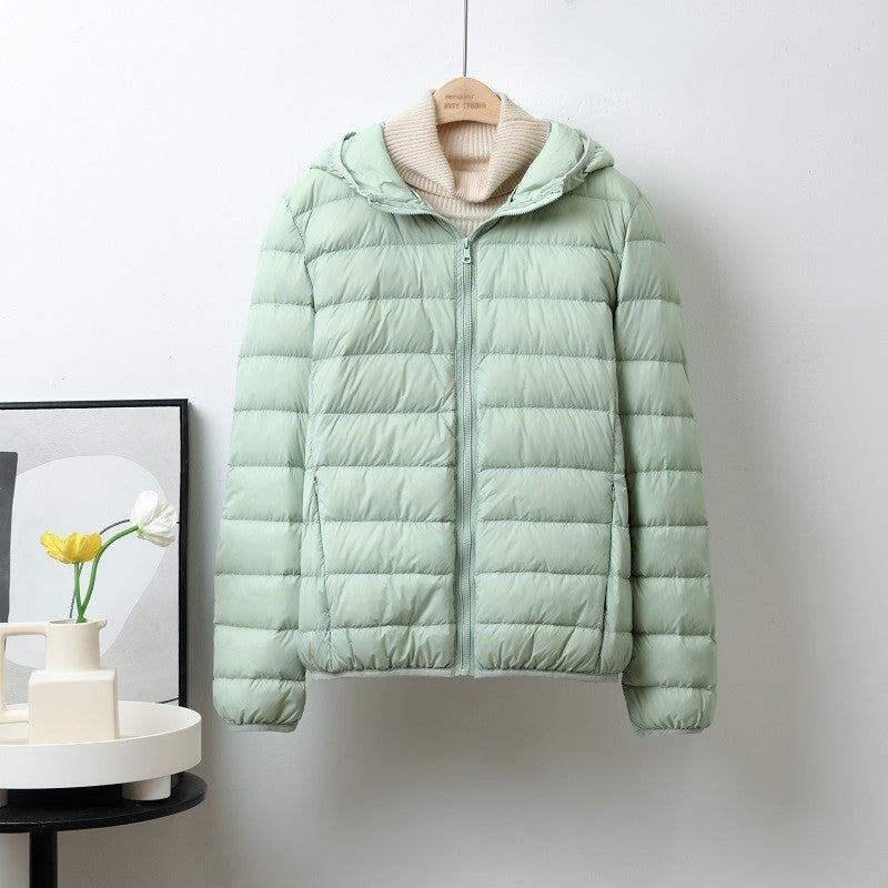 Lightweight Down Jacket Women’s Short Stand Collar Hooded - Light Green Hooded / S