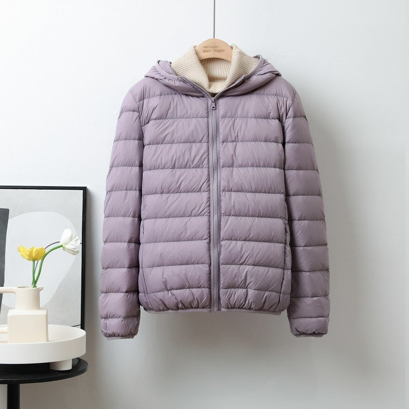 Lightweight Down Jacket Women’s Short Stand Collar Hooded - Light Purple Hooded / S