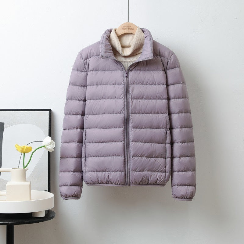 Lightweight Down Jacket Women’s Short Stand Collar Hooded - Light Purple Stand Collar / S