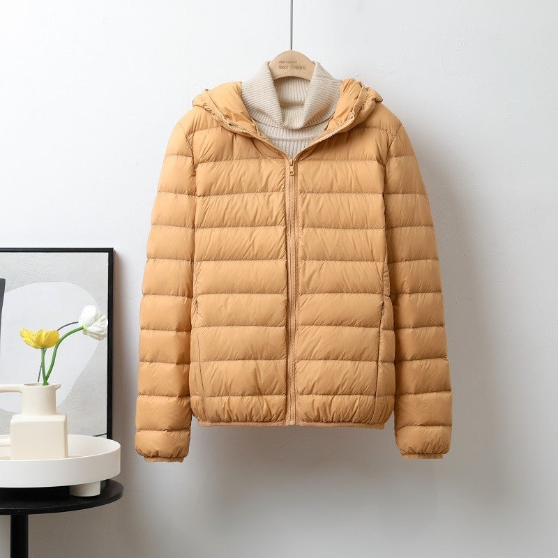 Lightweight Down Jacket Women’s Short Stand Collar Hooded - Orange Hooded / S