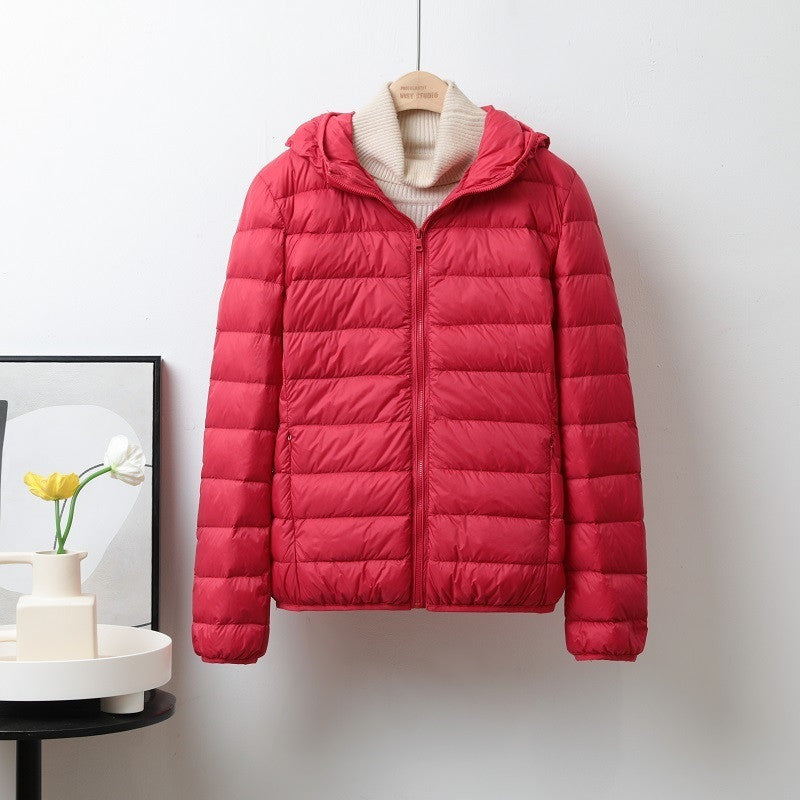Lightweight Down Jacket Women’s Short Stand Collar Hooded - Red Hooded / S