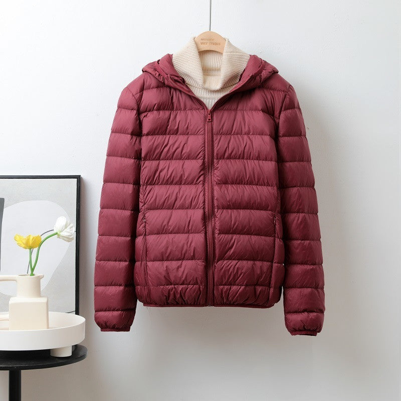 Lightweight Down Jacket Women’s Short Stand Collar Hooded - Wine Red Hooded / S
