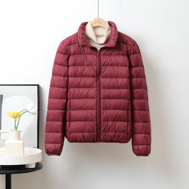 Lightweight Down Jacket Women’s Short Stand Collar Hooded - Wine Red Stand Collar / S