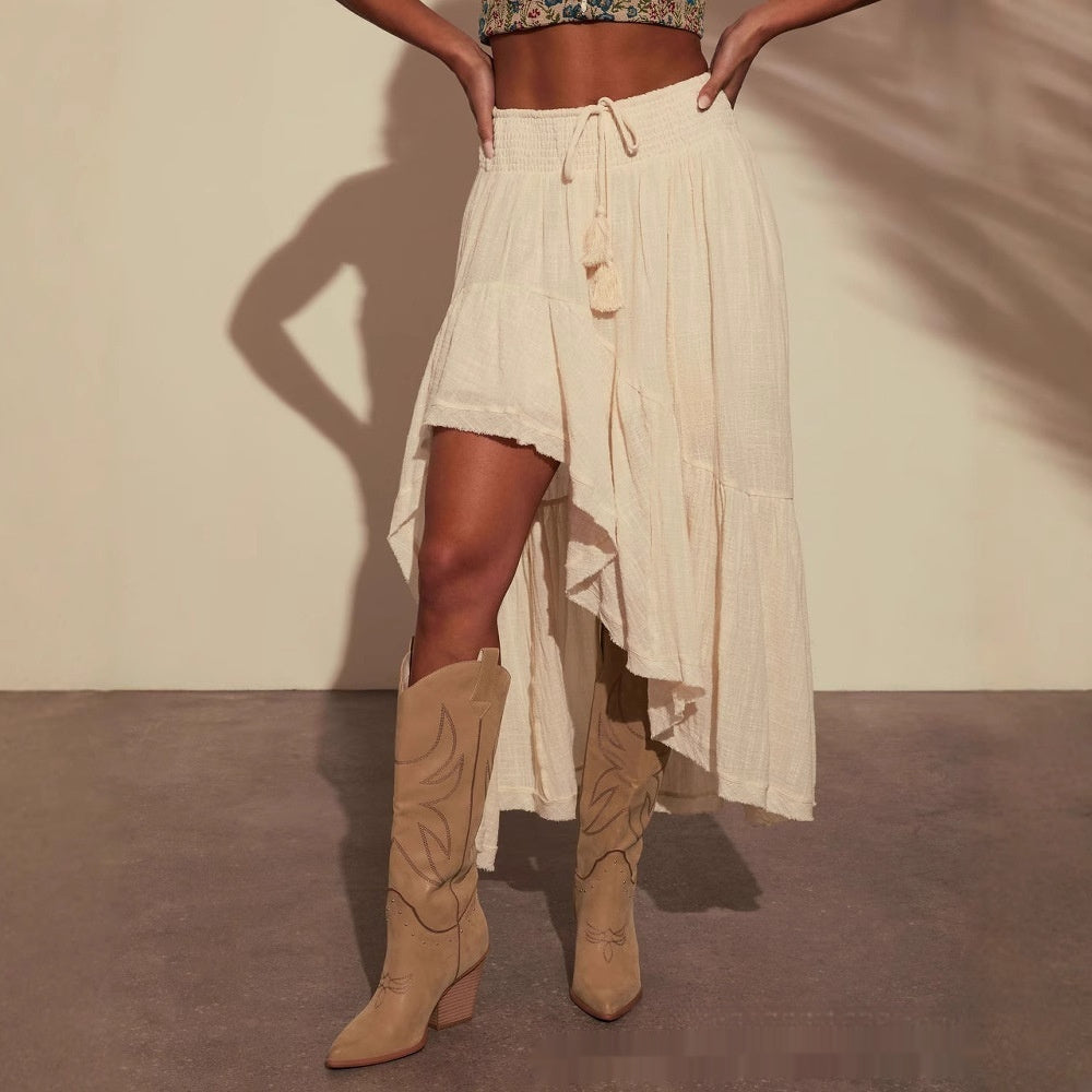 Asymmetric Stitching Elastic High Waist Skirt - White / S