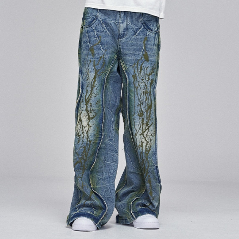 American Street Dirtyfit Heavy Industry Washed Distressed Wide Leg Jeans Design Sense - Blue / S