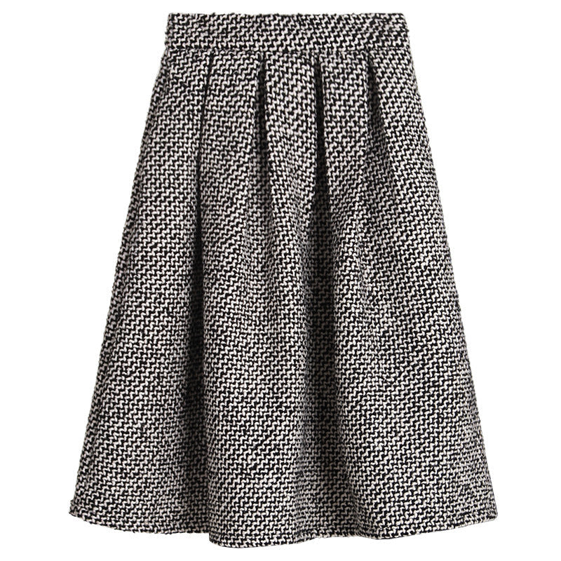 Autumn And Winter High Waist Pleated Words Puffy Thick Midi Skirt - Woolen Houndstooth / S