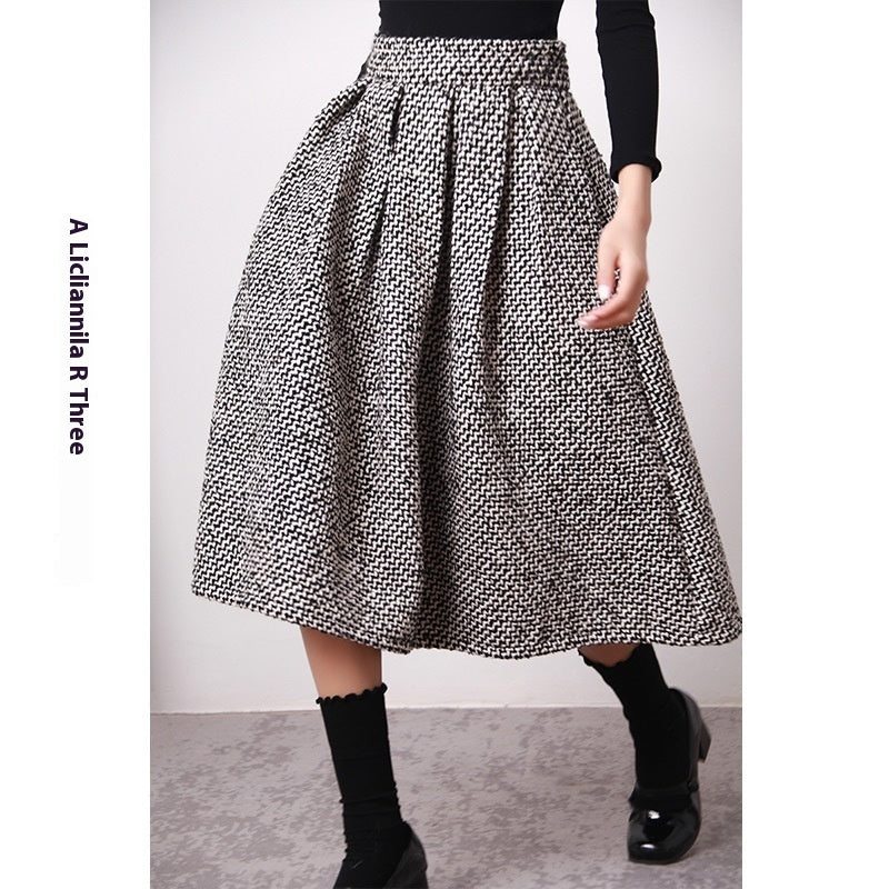 Autumn And Winter High Waist Pleated Words Puffy Thick Midi Skirt