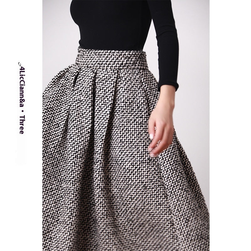 Autumn And Winter High Waist Pleated Words Puffy Thick Midi Skirt