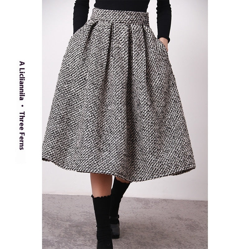 Autumn And Winter High Waist Pleated Words Puffy Thick Midi Skirt
