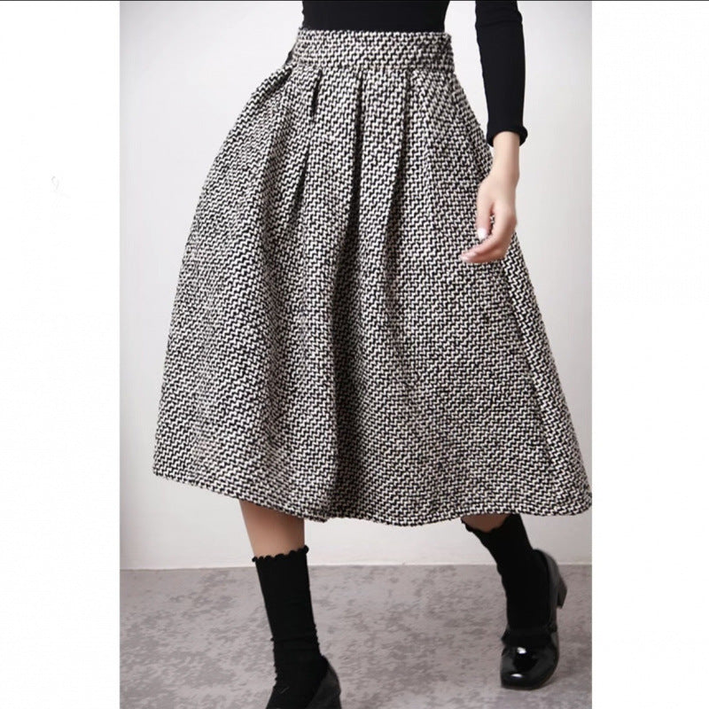 Autumn And Winter High Waist Pleated Words Puffy Thick Midi Skirt