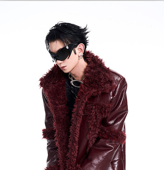 Autumn And Winter Stitching Thermal Long Leather Wind Coat