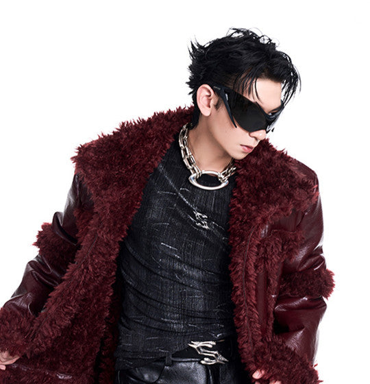 Autumn And Winter Stitching Thermal Long Leather Wind Coat