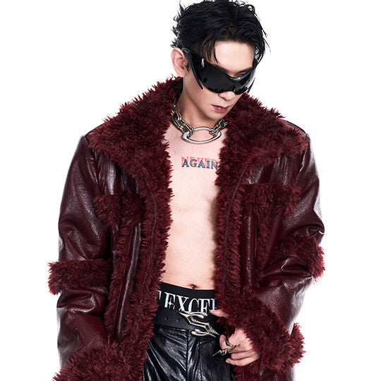 Autumn And Winter Stitching Thermal Long Leather Wind Coat