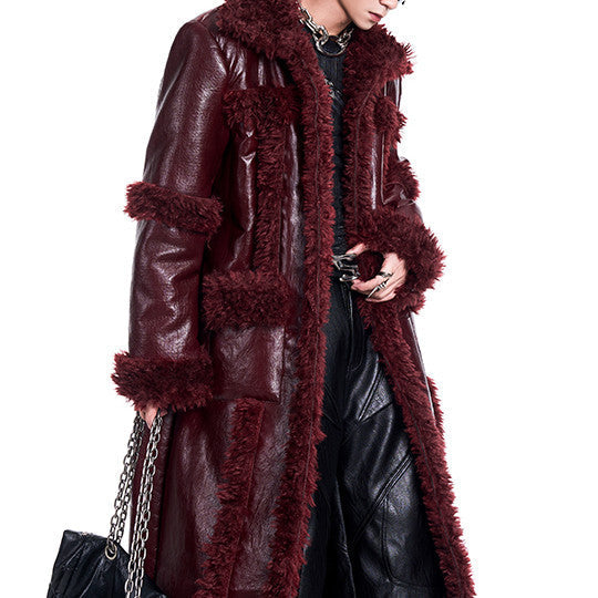 Autumn And Winter Stitching Thermal Long Leather Wind Coat