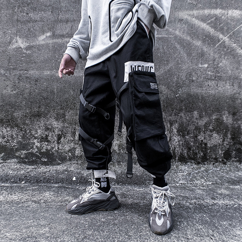 Casual Loose Straight Pants Men’s Sports Beamed Pants - Black / XXL