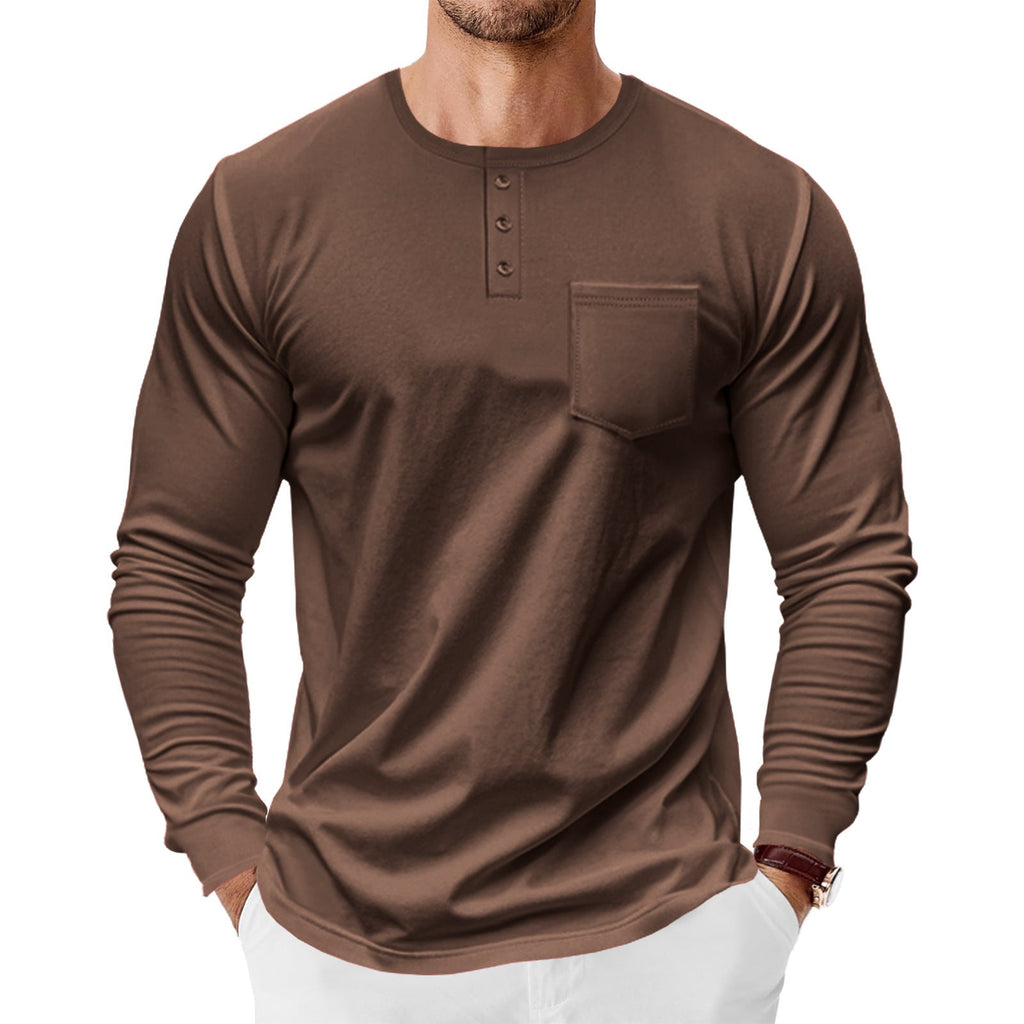 Men’s Spring And Autumn Henley Shirt Long Sleeve - Brown / S