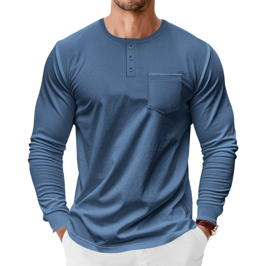 Men’s Spring And Autumn Henley Shirt Long Sleeve - Denim Blue / S