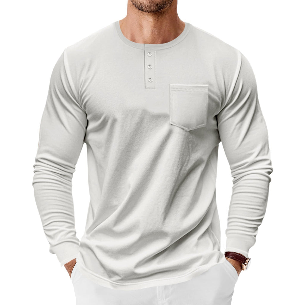 Men’s Spring And Autumn Henley Shirt Long Sleeve - White / S