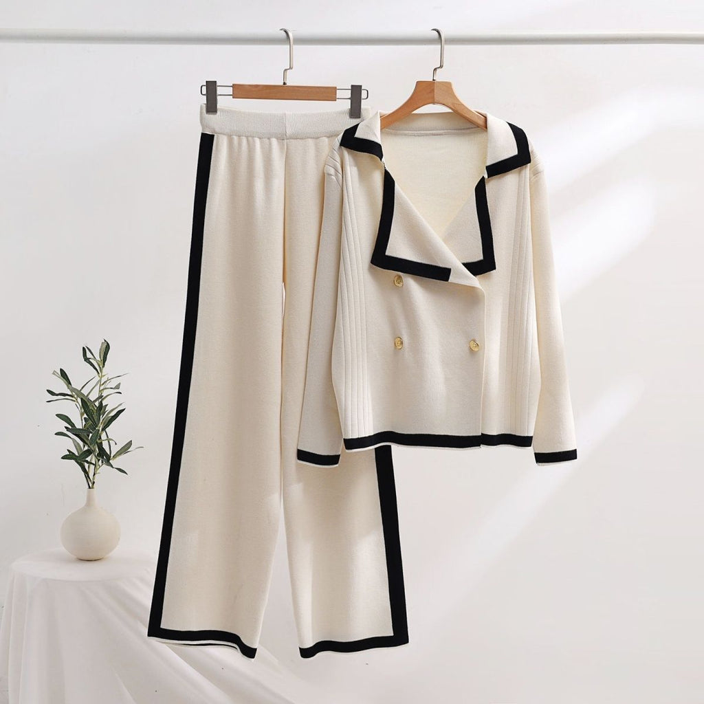 Women’s Autumn Knitted Wide-leg Pants Two-piece Set - Apricot / S
