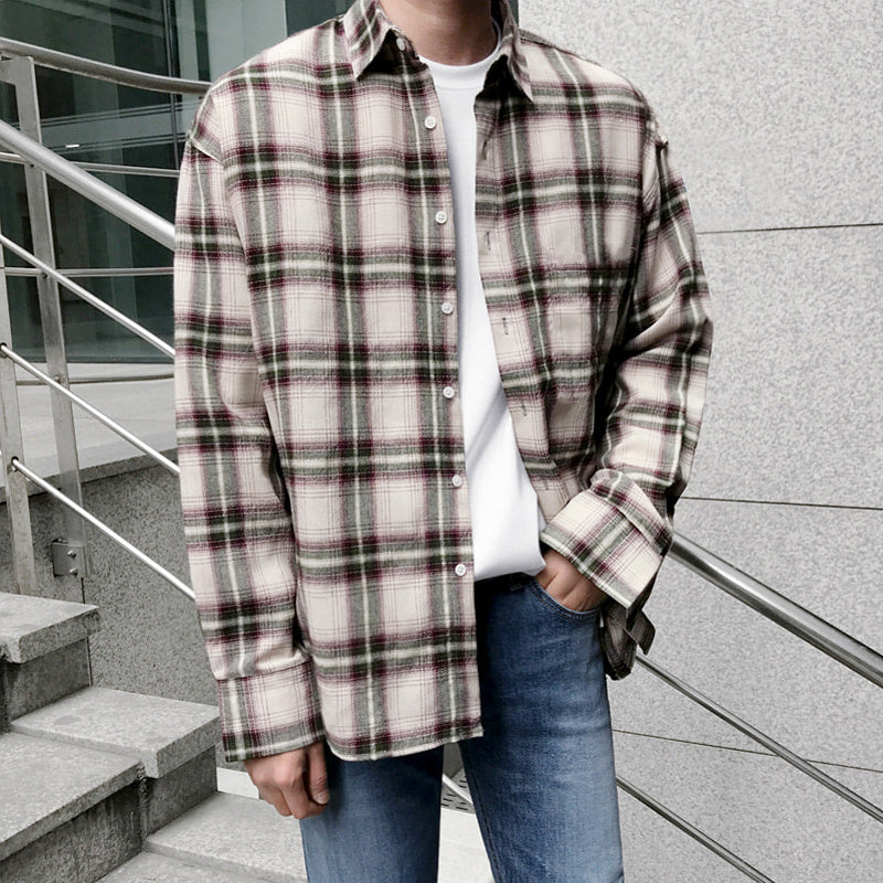 Men’s autumn long sleeve plaid shirt - Beige / L