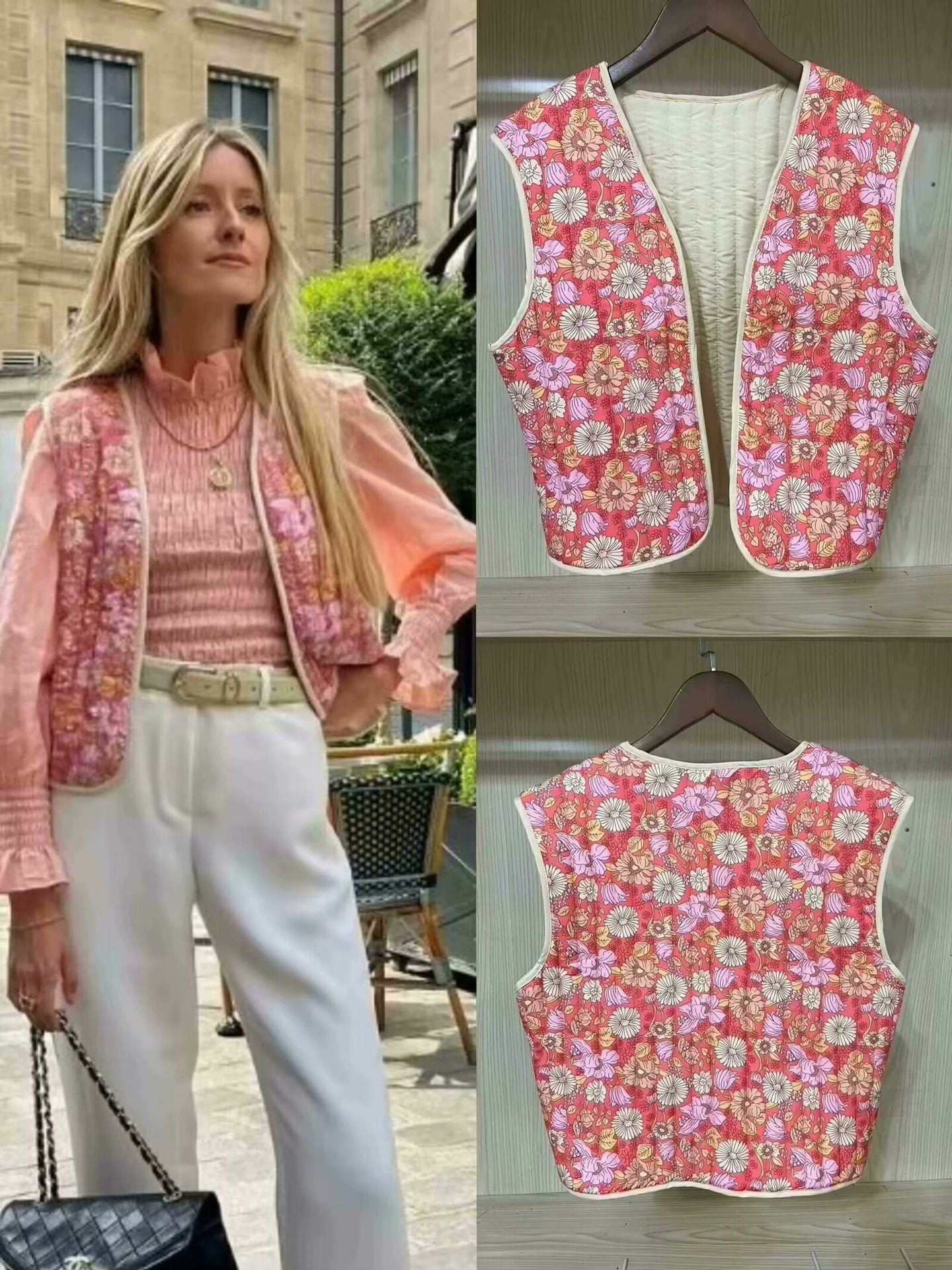 Autumn Small Floral Double-sided Wear Cotton Vest - Color / S