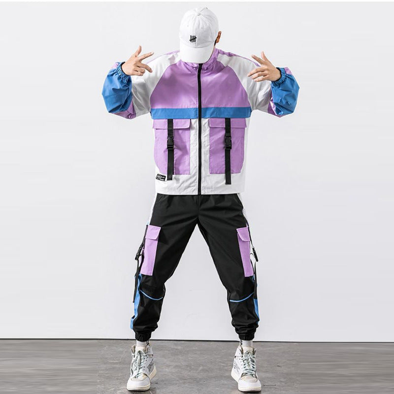 Spring And Autumn Sports Suit Street Trendy Boys Casual Workwear Jacket Multi-pocket Trousers Two-piece Set - Purple / S