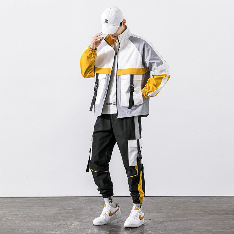 Spring And Autumn Sports Suit Street Trendy Boys Casual Workwear Jacket Multi-pocket Trousers Two-piece Set - Yellow / S