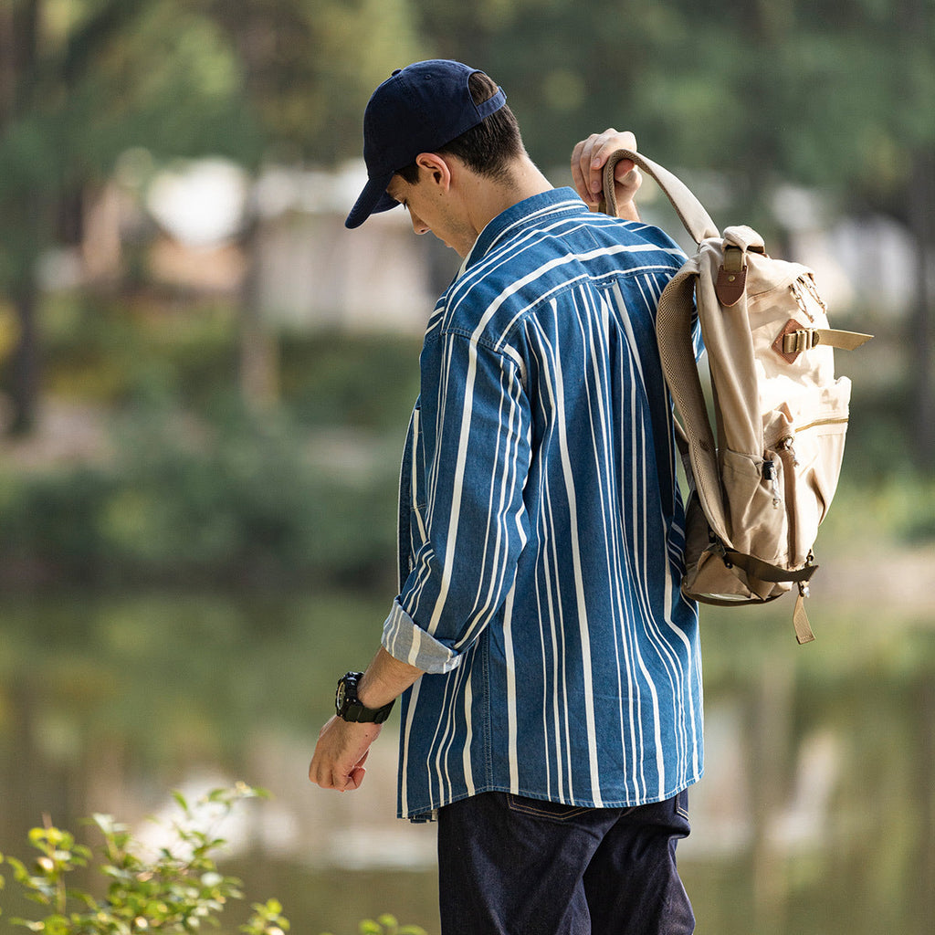 Men’s Loose-fit Autumn Washed Striped Denim Shirt With Chest Pockets