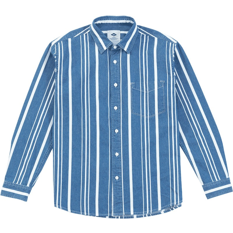 Men’s Loose-fit Autumn Washed Striped Denim Shirt With Chest Pockets