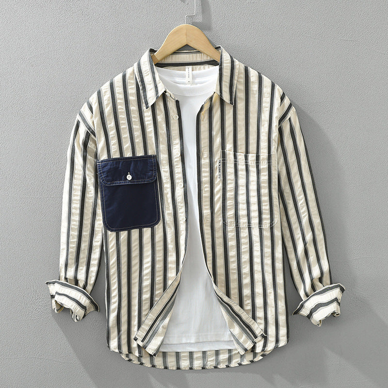 Japanese Style Stripe Long Sleeve Shirt Men - Blue Stripe / M