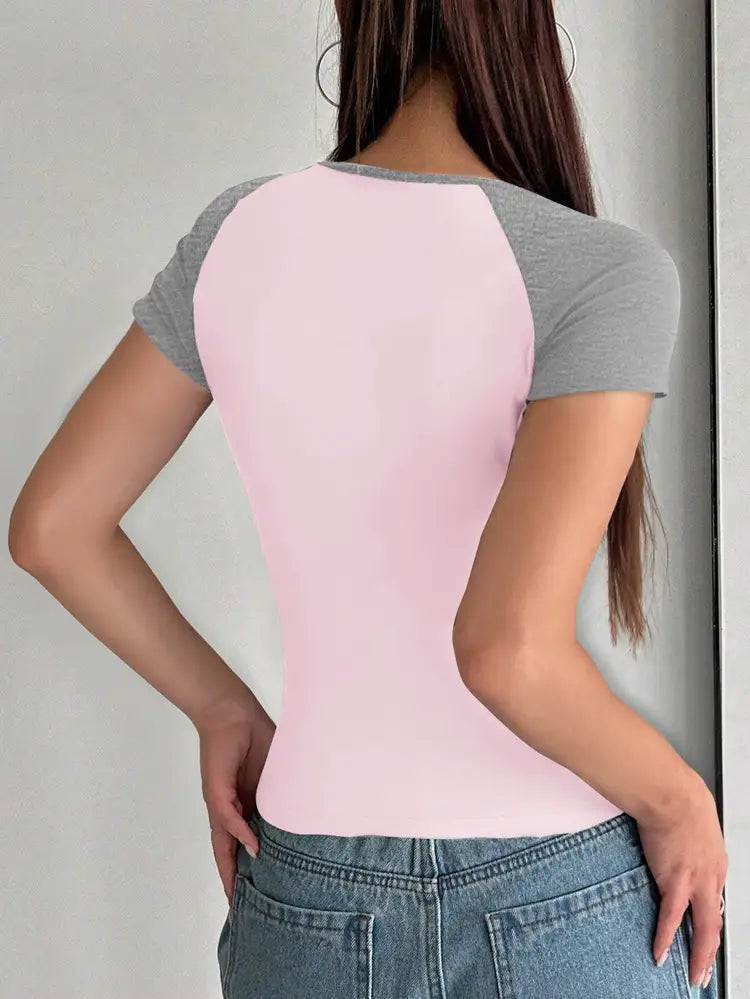 European And American Y2g Sexy Slim U-neck Contrast Color Short Sleeve