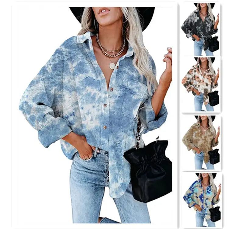 Corduroy Digital Printing Long Sleeve Buckle Loose Oversized Shirt