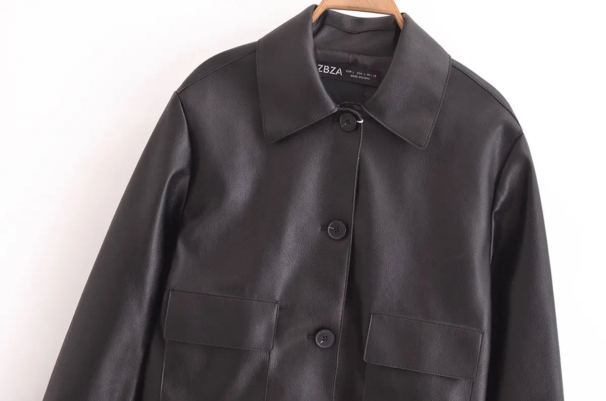 All-matching Western Style Classic Black Leather Short Long Sleeve Jacket