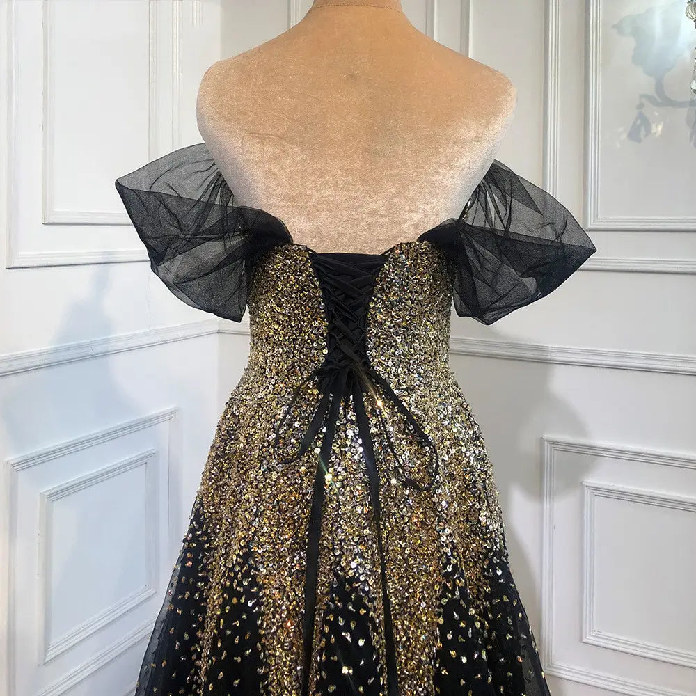 Black Gold One Word Shoulder Hosting Banquet Bride Toasting Evening Dress