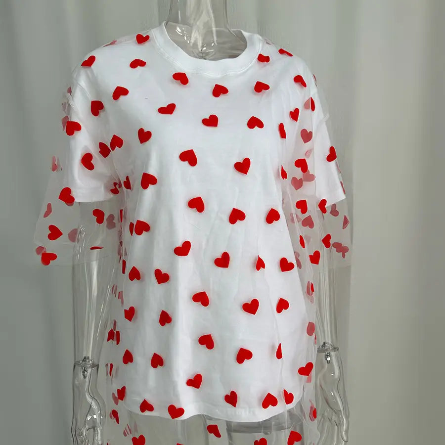 European And American Style Women’s Love Mesh Stitching Loose Basic Style Round Neck Short Sleeve T-shirt