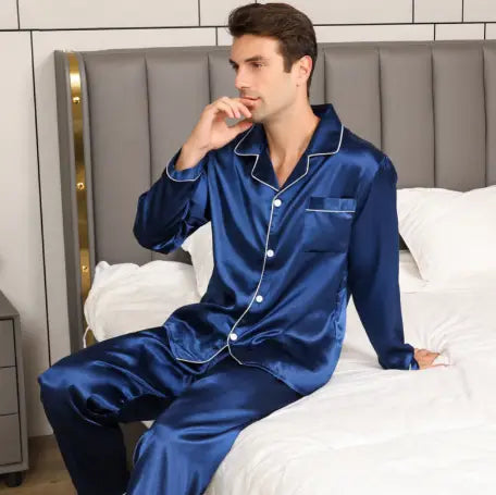 Ice Silk Men’s Long Sleeve Loose Plus Size Pajamas Suit