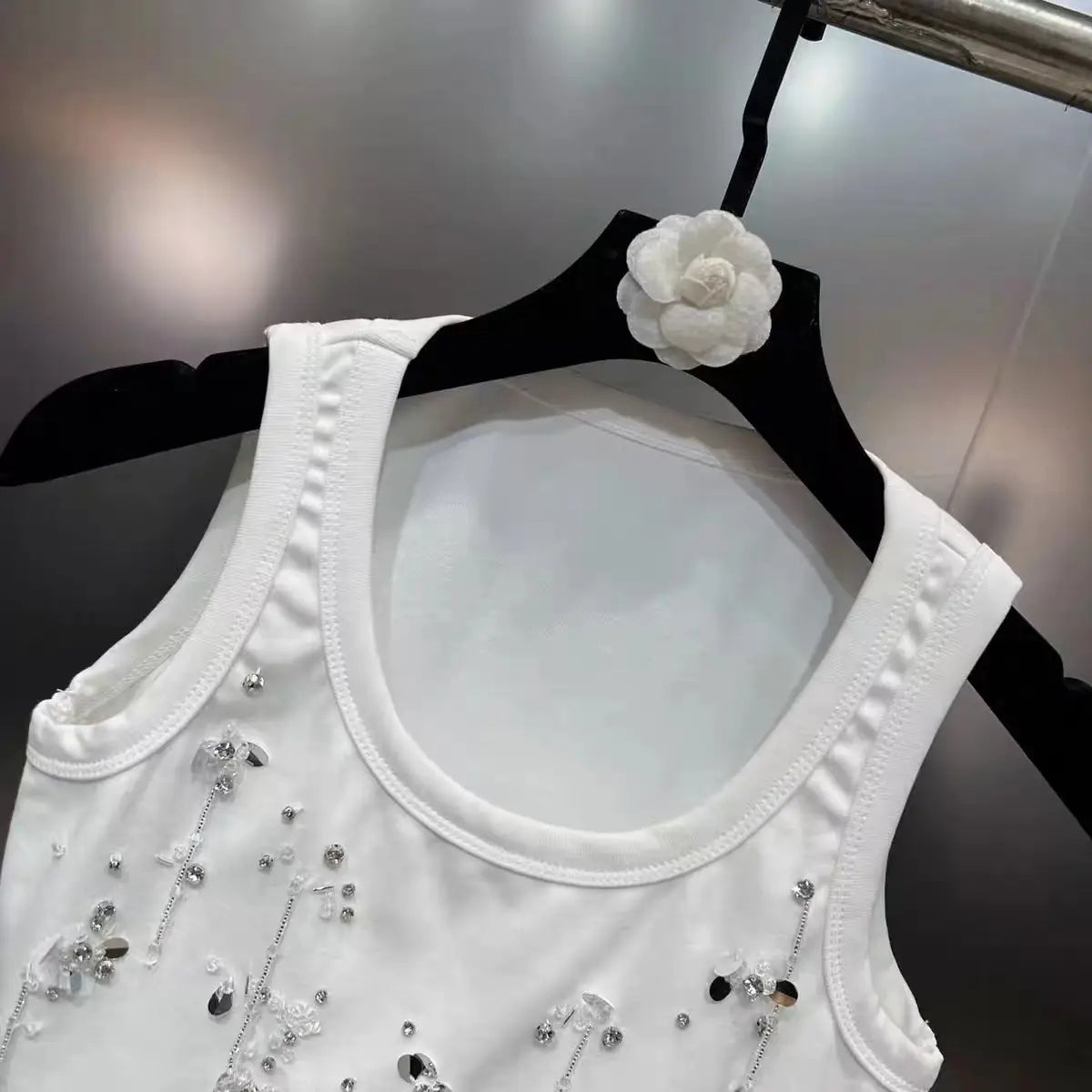 Scoop Sleeveless Diamond Nail Beads Sequins Heavy Industry Gold Style Vest