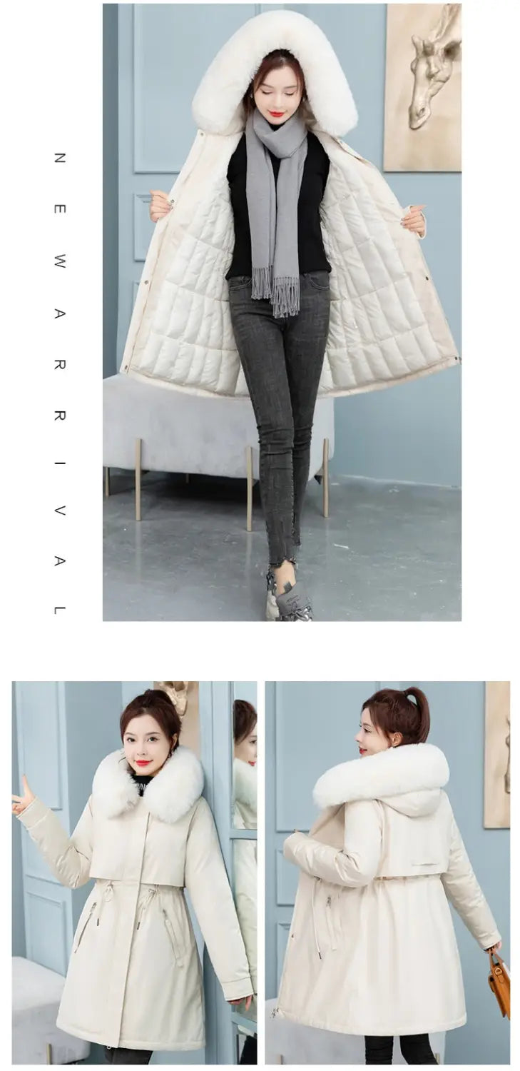 Women’s Mid-length Loose Cotton Coat Fleece-lined Thickened Cinched Coat