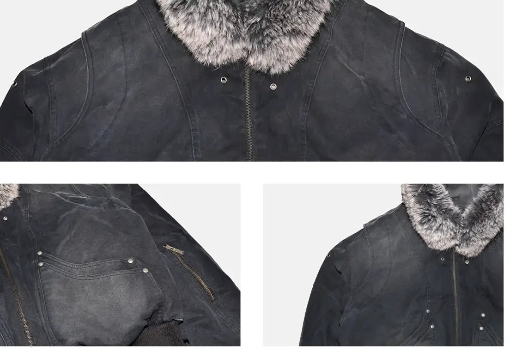 Fur Collar Washed Canvas Split Mountain Carving Jacket