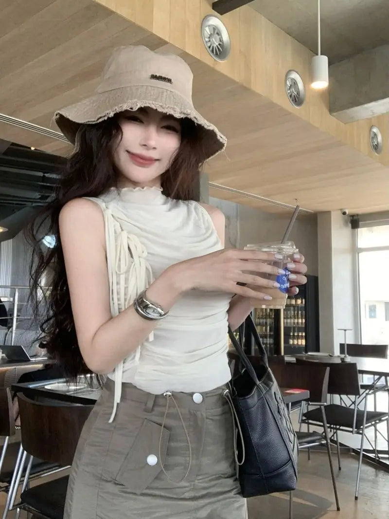 Design Mesh Lace-up Waist-controlled Pleated Vest